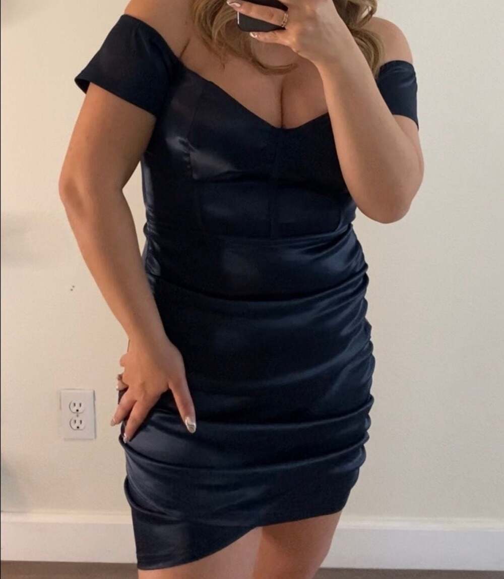 Windsor Navy Blue Satin Off-Shoulder Ruched Corset Mini Dress Size L